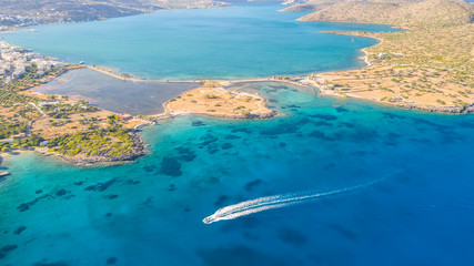 Aerial view of a pleasure boat with tourists. Elounda, Crete, Greece