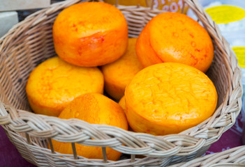 Farmer cheese on market counter