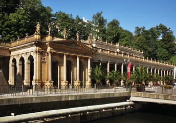 Mill Colonnade at Mlynske nabrezi street in Karlovy Vary. Bohemia. Czech Republic