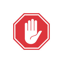 The stop sign icon has a red color and a hand on it. The sign is isolated on a white background. Vector illustration eps 10.
