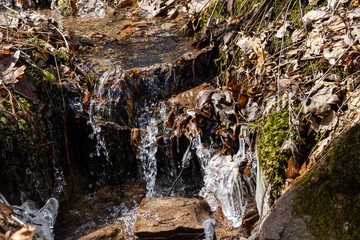 Spring snow-melt tumbles over fallen leaves forming abstract ice formations in a state park in Wisconsin