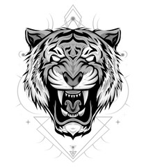 Tiger logo. Black white illustration of a tiger head. Portrait of a predator. Tattoo wild cats.