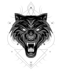 Wolf mascot art. Frontal symmetric image of wolf looking dangerous. WOLVES ILLUSTRATION