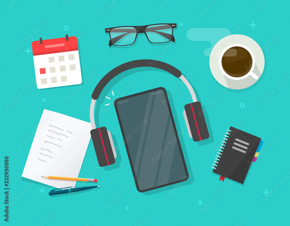 Poster workplace desk with learning stuff and mobile empty blank mobile phone or working table flat lay wit
