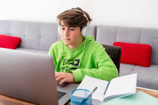 Young boy is studying in front of the laptop. E learning, study at home online.