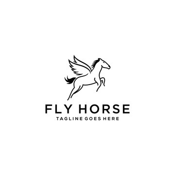 Simple Elegance flying horse with her wings Vector linear icons and logo design 
