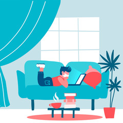 Coronavirus quarantine concept. Small pupil, student working on a laptop at home lying on sofa, online learning for children, study with computer. Prevent infection spreading. Flat vector illustration