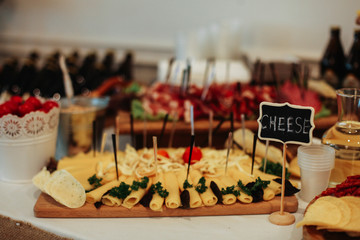Variety of food grilled on wooden table, top view. Outdoors food Concept