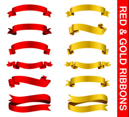 illustration of set of different shape Red & Gold ribbons on isolated background