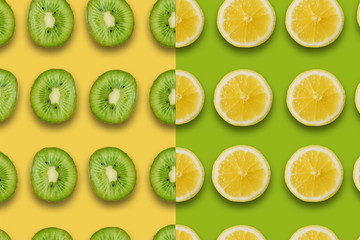 summer pattern with juicy ripe fresh a lemon and kiwi on a yellow and green background