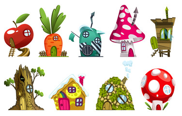 Set of different fairytale houses. Fantasy houses. Housing village illustration. Set for kids fairytale playhouse isolated on white background