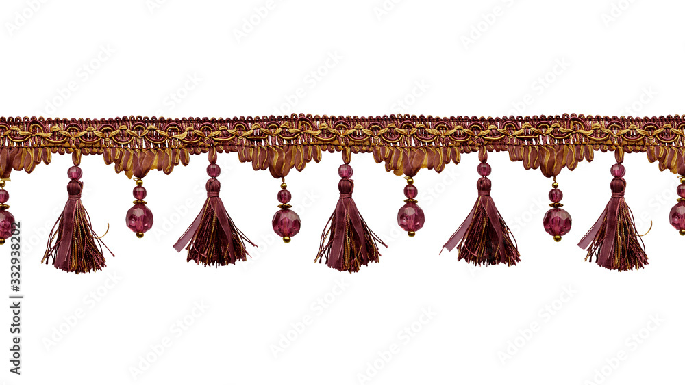 Wall mural Fringe. Interweaving of lilac and yellow ribbons and threads with tassels and beads. Isolated over white background. - Wall murals