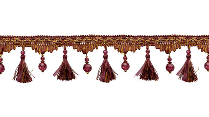 Fringe. Interweaving of lilac and yellow ribbons and threads with tassels and beads. Isolated over white background.