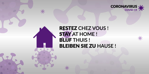 Fond d'écran/bannière restez chez vous multilingue (Français, Anglais, Néerlandais, Allemand). Design et couleurs flat - Violet
