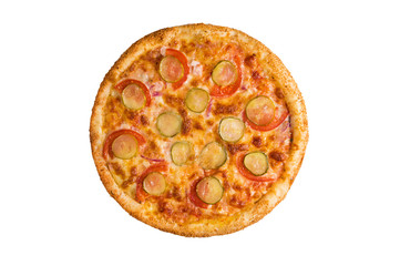 Pizza with tomatoes, cucumbers, cheese, purple onions, ham