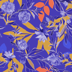 Seamless pattern with white roses and grey leaves on light background. Tropical flowers, lily. Vector illustration with plants. Gentle pastel colors.