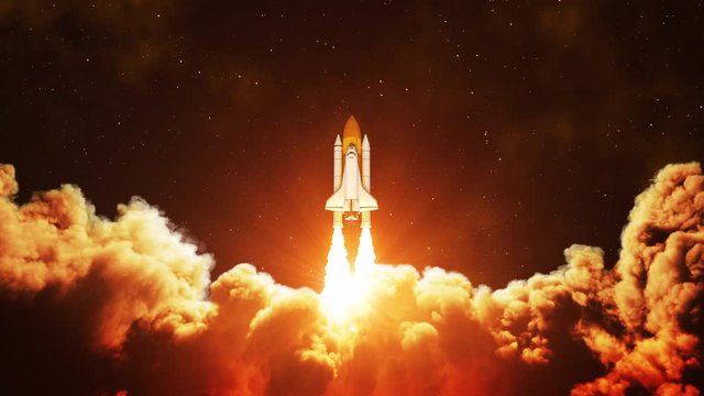Night Launch Of Space Shuttle. Slow Motion. 4K. 3840x2160. UHD. 3D Animation.