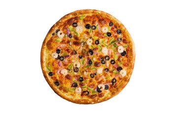 Pizza with shrimp, olives, sweet green pepper, purple onion and cheese