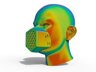 3D rendering - human head with respiratory mask - thermal analysis