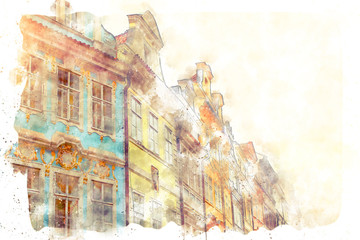 watercolor style and abstract illustration of Prague with old beautiful houses