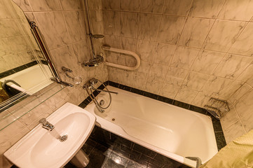 Russia, Moscow- November 20, 2019: interior room apartment modern bright cozy atmosphere. general cleaning, home decoration, preparation of house for sale. bathroom, sink, decoration elements, toilet