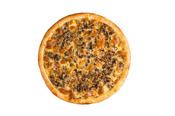 Pizza with finely chopped ham, mushrooms and cheese