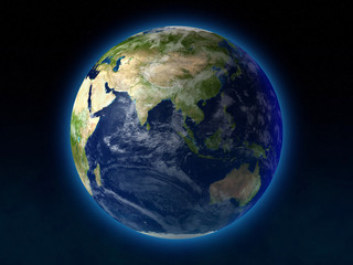 The Planet Earth: Europe and Asia View. High resolution 3D render of Planet Earth. Natural colors, clouds cover, star background. All maps comes from http://visibleearth.nasa.gov/