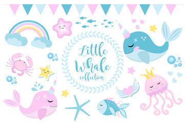 Little whale unicorn set, modern cartoon style. Cute and a fantastic collection for children with sea inhabitants, fish, underwater, jellyfish, crab, rainbow. Vector illustration © Lucia Fox