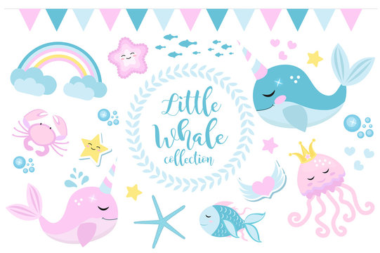 Little whale unicorn set, modern cartoon style. Cute and a fantastic collection for children with sea inhabitants, fish, underwater, jellyfish, crab, rainbow. Vector illustration
