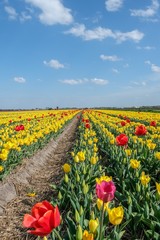 Feld mit gelben und roten Tulpen 