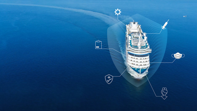 Aerial view of beautiful white cruise ship above luxury cruise in the ocean sea with medical and insurance icons concept safety tourism without virus COVID-19 VIRUS. - Powered by Adobe