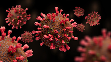 Coronavirus outbreak and coronaviruses influenza background represented by a group of bacterial intruder cells causing sickness and disease to healthy patients.Microscope virus close up. 3d rendering.