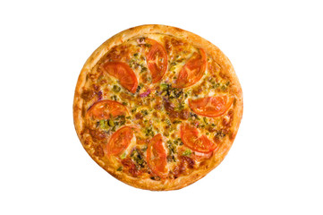 Pizza with a crispy crust, with finely chopped vegetables and plenty of cheese, garnished with large slices of tomatoes on a white background