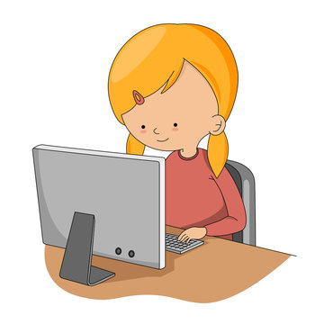 Little girl studying with the computer. Isolated vector