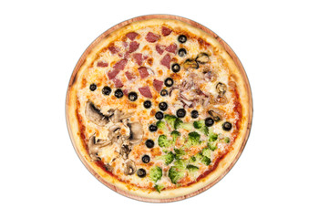 Great pizza mix on a round wooden plate. Smoked sausage, seafood, cauliflower, mushrooms, olives and cheese.