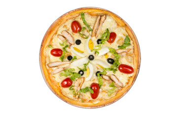 Pizza with cheese crust, chicken breast, tomatoes, eggs, lettuce and olives on a wooden round plate