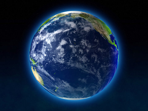 The Planet Earth. Pacific Ocean View. High resolution 3D render of Planet Earth. Natural colors, clouds cover, star background. All maps comes from http://visibleearth.nasa.gov/