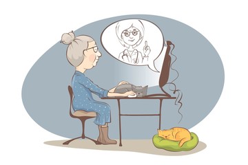 Online consultation with a doctor. Elderly woman consults a doctor at home, vector illustration.