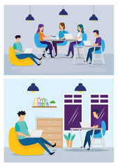 scenes of coworking with people in workplace vector illustration design