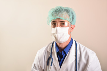 Doctor with face shields and uniform and stethoscope