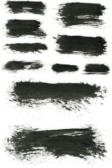 Brush paint strokes. Texture brushes and modern grunge brush lines. Ink brush artistic design element for frame design. Isolated elements set. Rough smears and stains