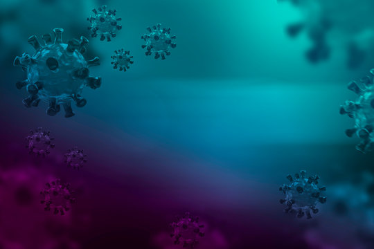Image of Flu COVID-19 virus cell under the microscope on the blood.Coronavirus Covid-19 outbreak influenza background.Pandemic medical health risk concept with disease cell as a 3D render.illustration