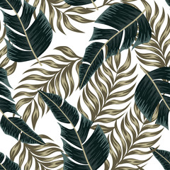 Botanical seamless tropical pattern with bright plants and leaves on a delicate background. Seamless exotic pattern with tropical plants.  Colorful stylish floral.