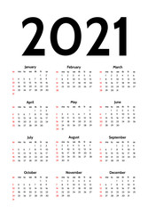 Calendar for 2021 isolated on a white background
