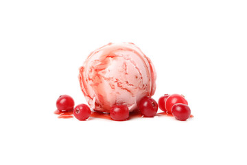 Ice cream with syrup and berries isolated on white background