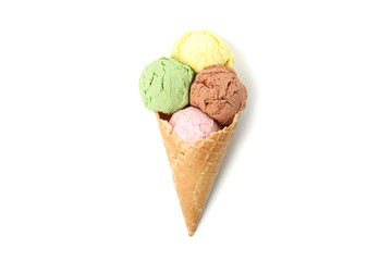 Ice cream in wafer cone isolated on white background