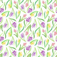 Seamless pattern of pink yellow purple Hyacinth flowers and leaves. Spring watercolor illustration in pastel shades isolated on white background. Fresh, bright hand painted hyacinths plants design