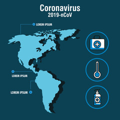 Fototapeta premium american continent map with covid 19 and set icons vector illustration design