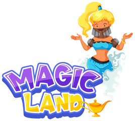 Font design for word magic land with genie from the lamp