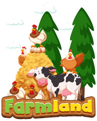 Font design for word farmland with chickens and cow